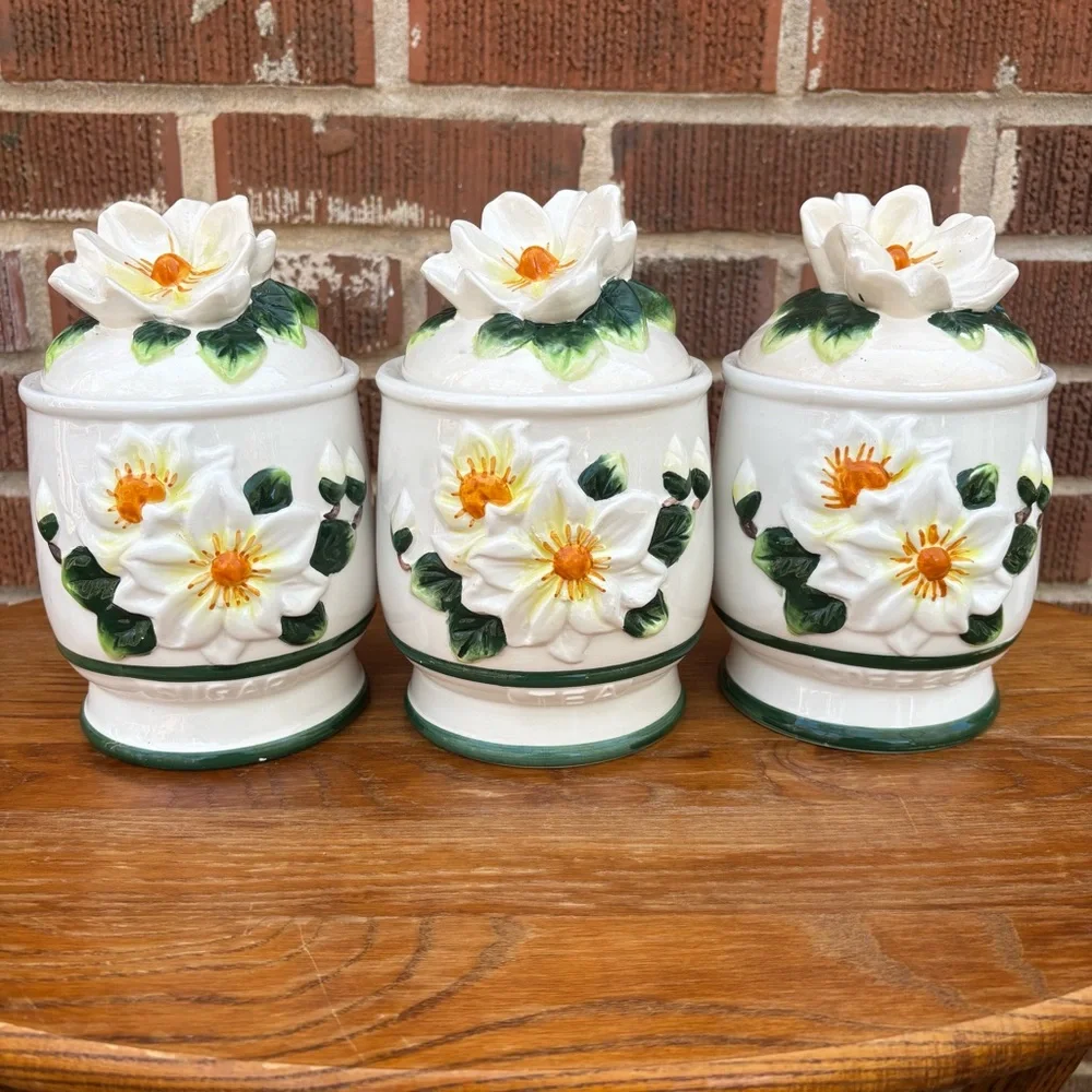 Vintage Magnolia Flower Canisters Kitchen Set of 3 Cottagecore